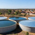 Reservatórios de água em Sobradinho, DF, estruturas hidráulicas em paisagem de planalto brasileiro.