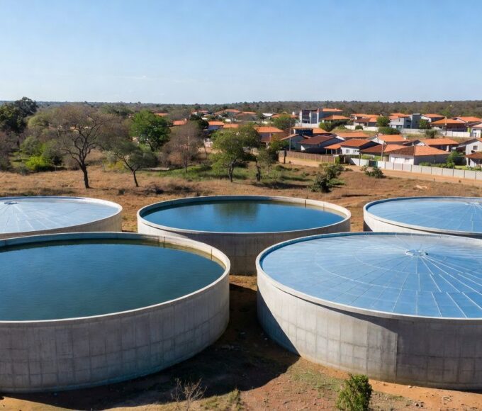 Reservatórios de água em Sobradinho, DF, estruturas hidráulicas em paisagem de planalto brasileiro.