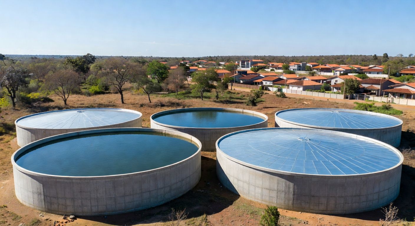 Reservatórios de água em Sobradinho, DF, estruturas hidráulicas em paisagem de planalto brasileiro.
