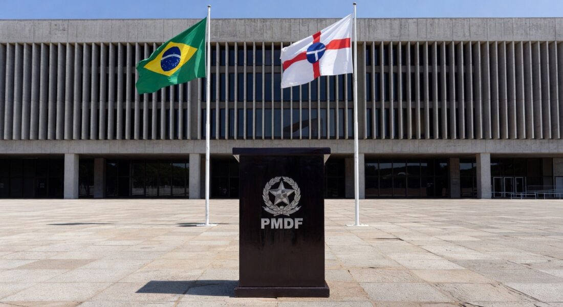Salão cerimonial no Palácio do Buriti com bandeiras do Brasil e DF, pódio e símbolos de justiça e PMDF em Brasília.