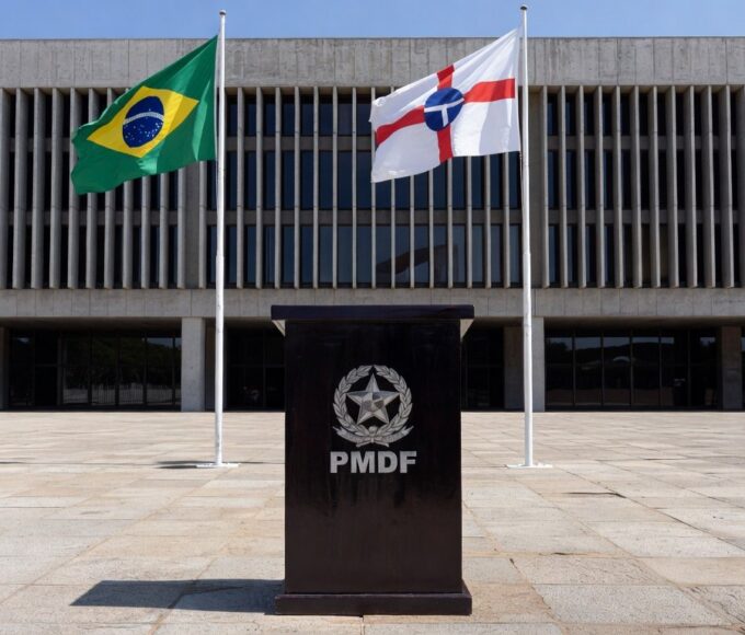 Salão cerimonial no Palácio do Buriti com bandeiras do Brasil e DF, pódio e símbolos de justiça e PMDF em Brasília.