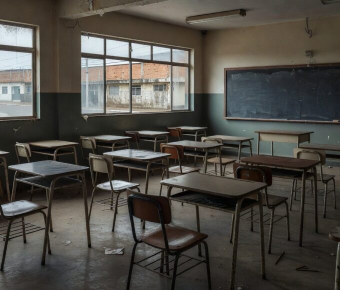 Sala de aula abandonada simbolizando o descaso com a EJA no Brasil