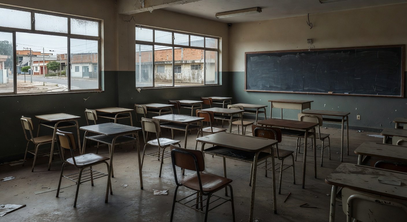 Sala de aula abandonada simbolizando o descaso com a EJA no Brasil