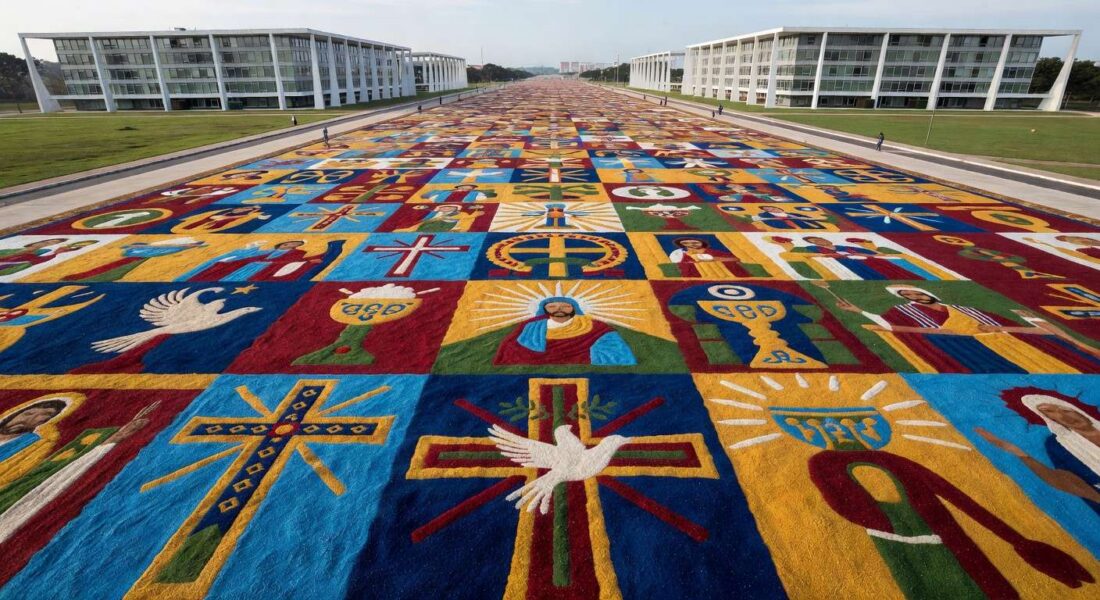 1 de 1 montagem-do-tradicional-tapete-de-corpus-christi-na-esplanada-dos-ministerios-em-brasilia-metropoles-8 - Foto: HUGO BARRETO / METRÓPOLES @hugobarretophoto