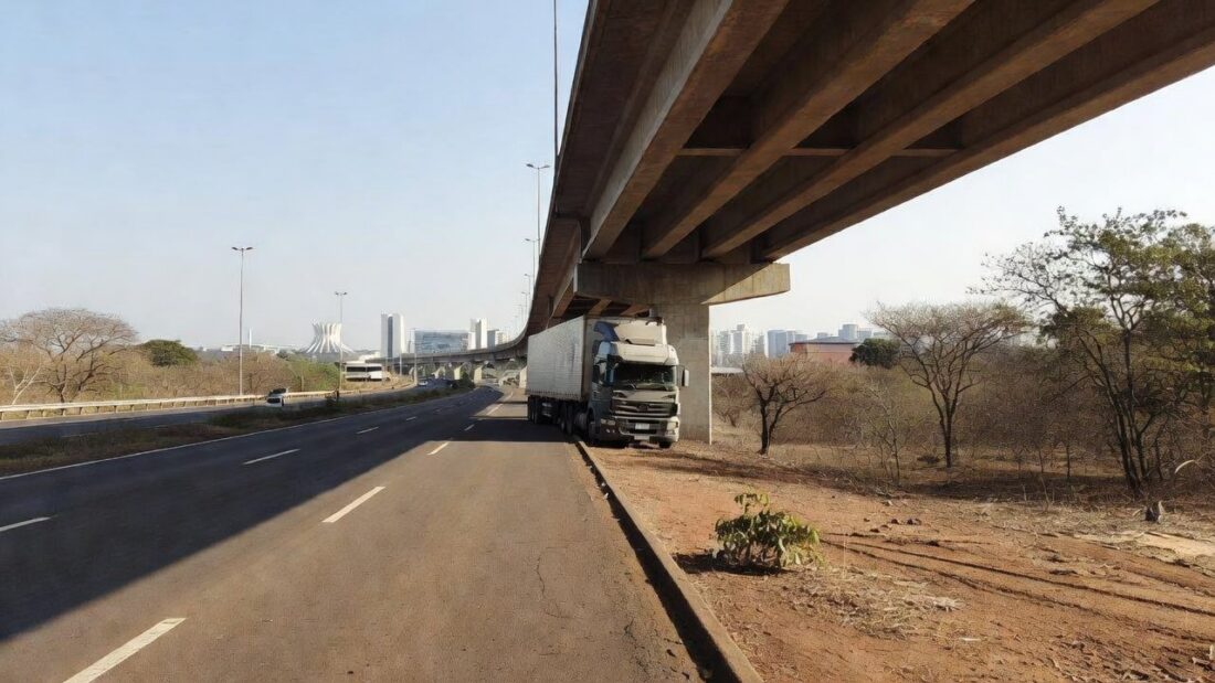 Carreta presa sob viaduto da EPIA Sul em Brasília