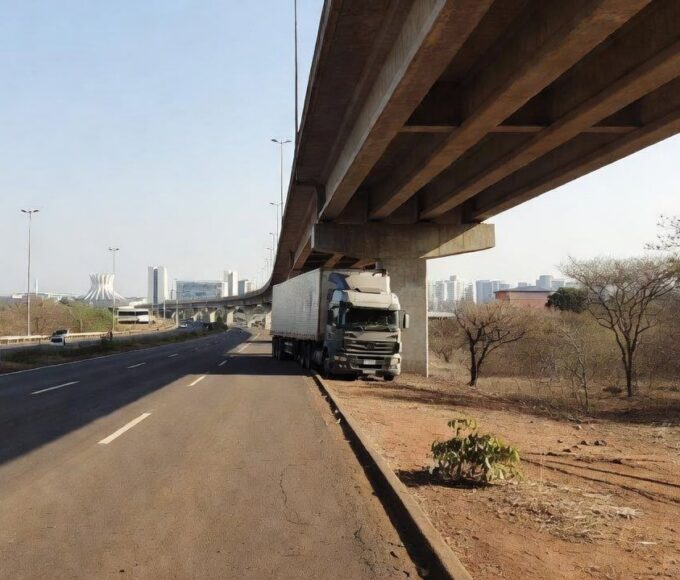 Carreta presa sob viaduto da EPIA Sul em Brasília