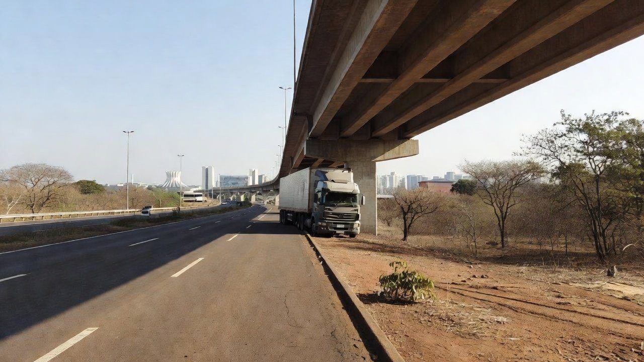 Carreta presa sob viaduto da EPIA Sul em Brasília