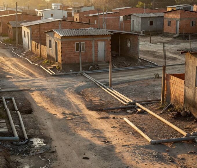 Bairro de Ceilândia com casas modestas e ruas de terra, contexto de famílias vulneráveis do Projeto Golfinho