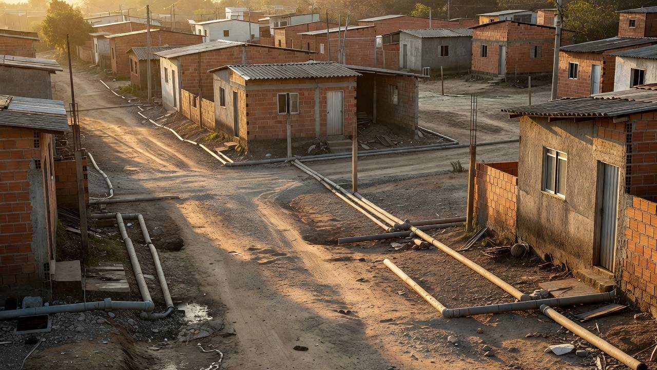 Bairro de Ceilândia com casas modestas e ruas de terra, contexto de famílias vulneráveis do Projeto Golfinho