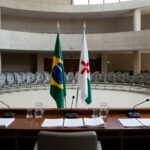 Plenário do Conselho da Mulher do DF em Brasília com mesa e bandeiras