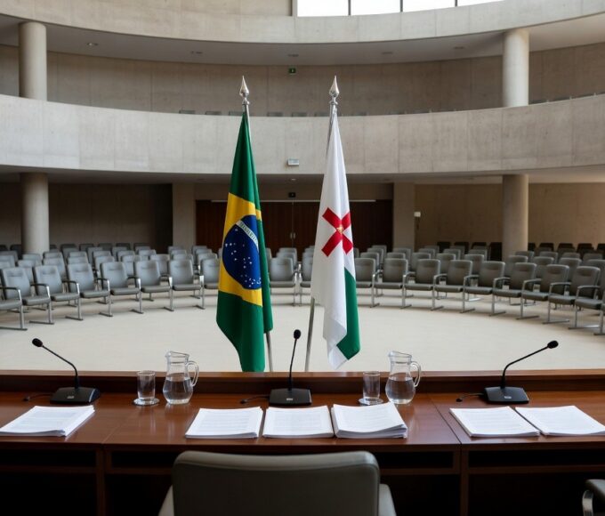 Plenário do Conselho da Mulher do DF em Brasília com mesa e bandeiras