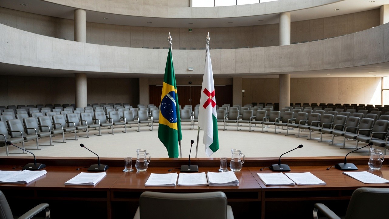Plenário do Conselho da Mulher do DF em Brasília com mesa e bandeiras