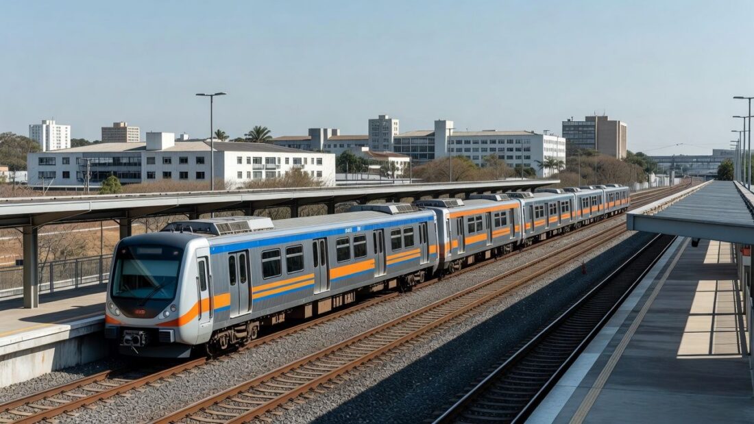 Trens modernos do Metrô-DF em estação de Brasília