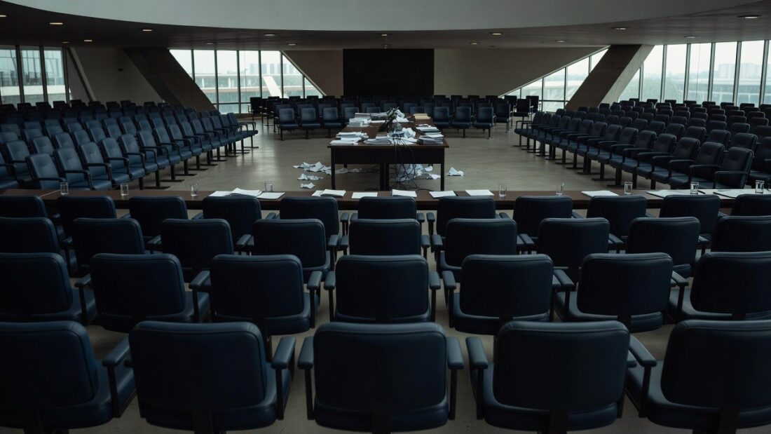 Prédio da Câmara Legislativa do DF em Brasília ao entardecer, simbolizando pautas emperradas