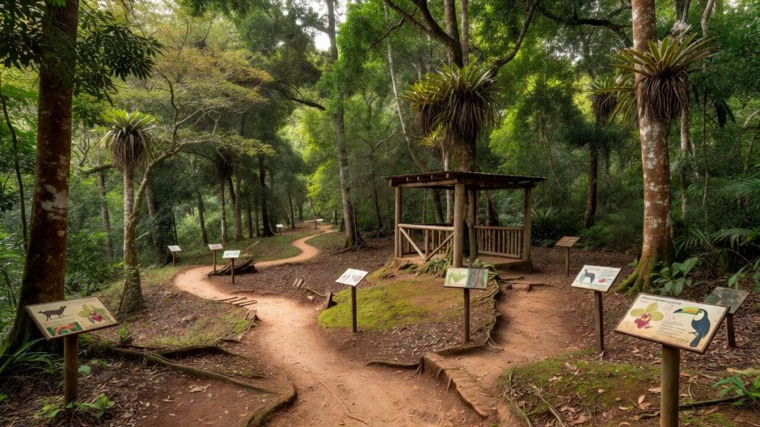 Parque educador com trilhas e vegetação nativa no Brasil