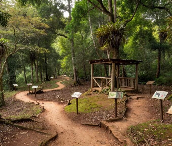 Parque educador com trilhas e vegetação nativa no Brasil