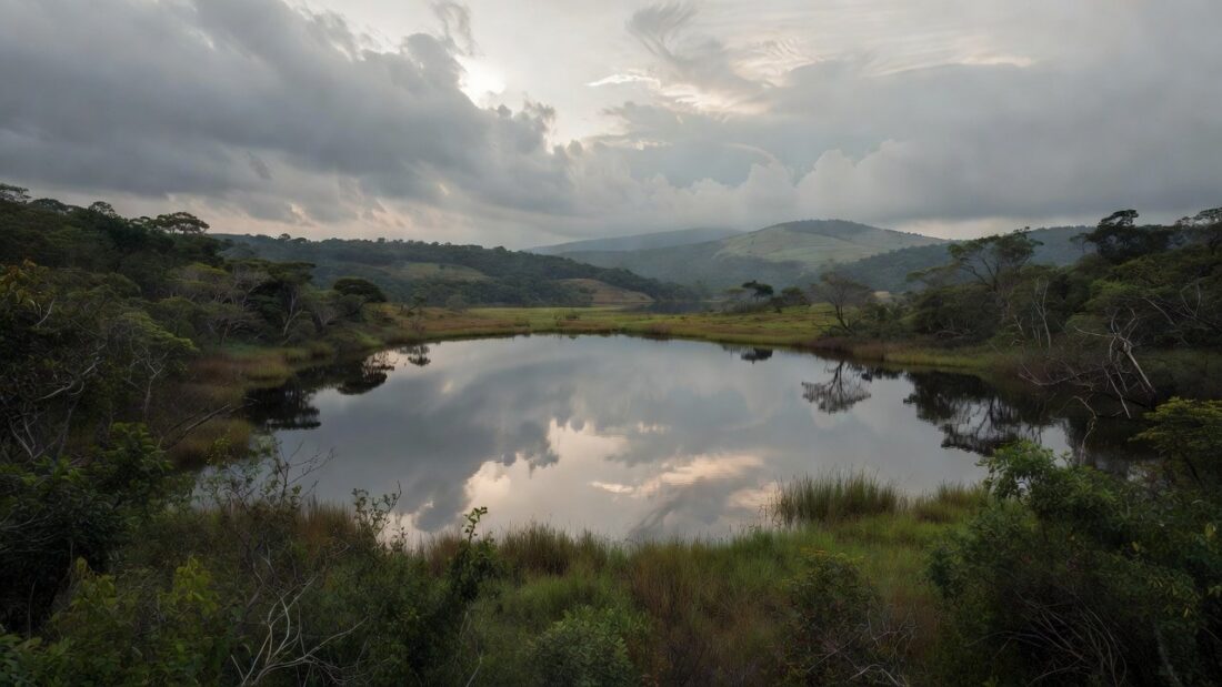 Lago Corumbá em Goiás com águas calmas e vegetação ao redor