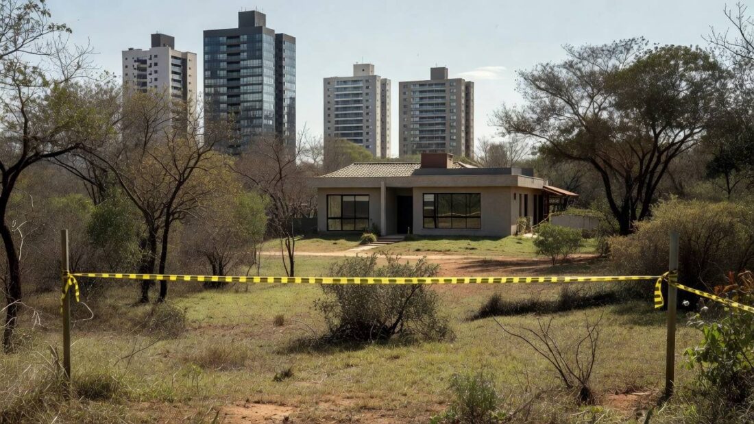 Condomínio no Distrito Federal com fita de isolamento em cena de crime