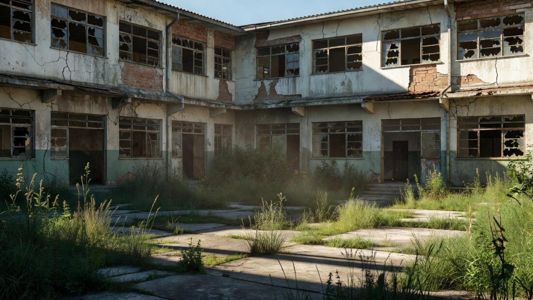 Escola pública precária no DF com paredes descascadas e janelas quebradas
