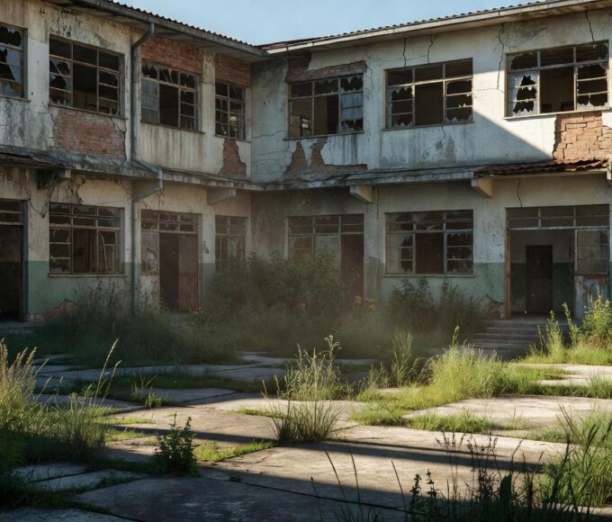 Escola pública precária no DF com paredes descascadas e janelas quebradas