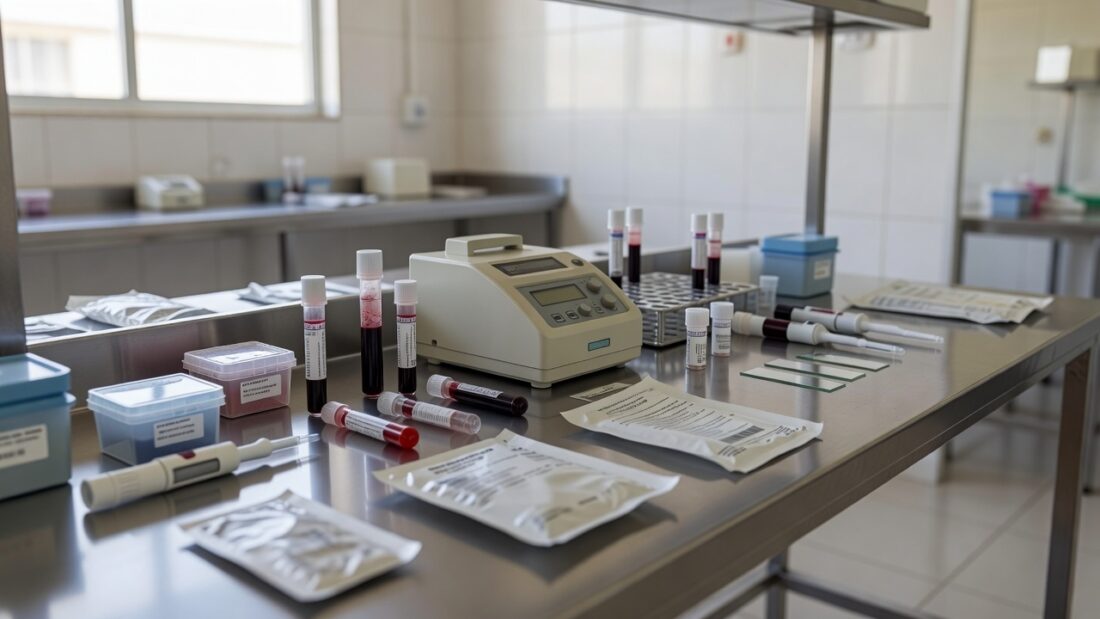 Cartões de teste do pezinho em laboratório médico no DF