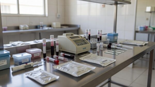Cartões de teste do pezinho em laboratório médico no DF