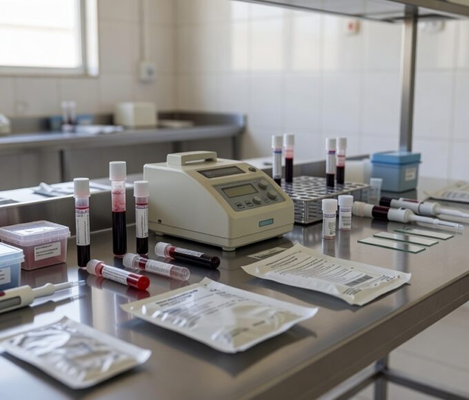Cartões de teste do pezinho em laboratório médico no DF