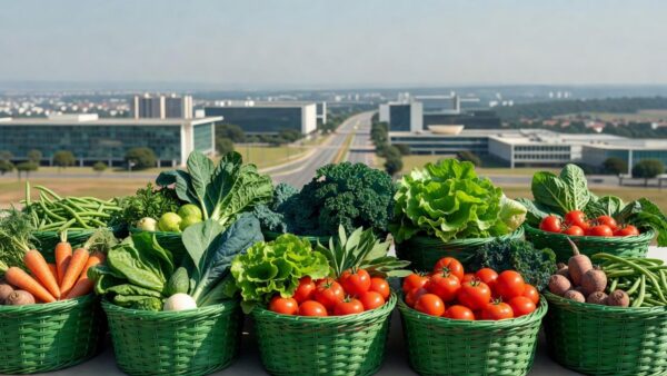 Cesta verde com alimentos para beneficiários do Cartão Prato Cheio no Distrito Federal