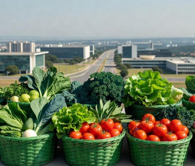 Cesta verde com alimentos para beneficiários do Cartão Prato Cheio no Distrito Federal