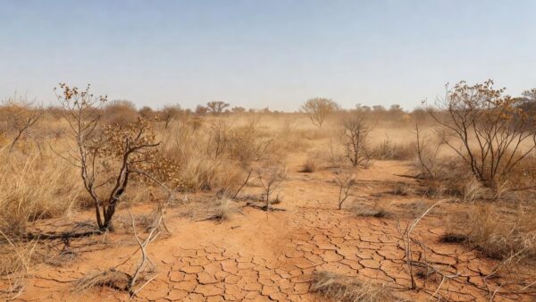 Paisagem seca do cerrado em Brasília com alerta de baixa umidade no Distrito Federal