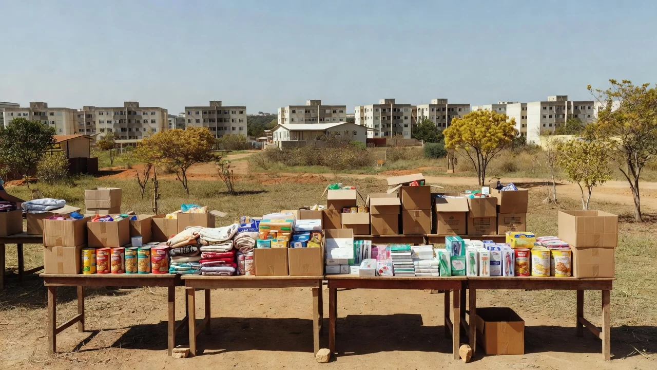 Ação social voluntária com doações em comunidade de Brasília