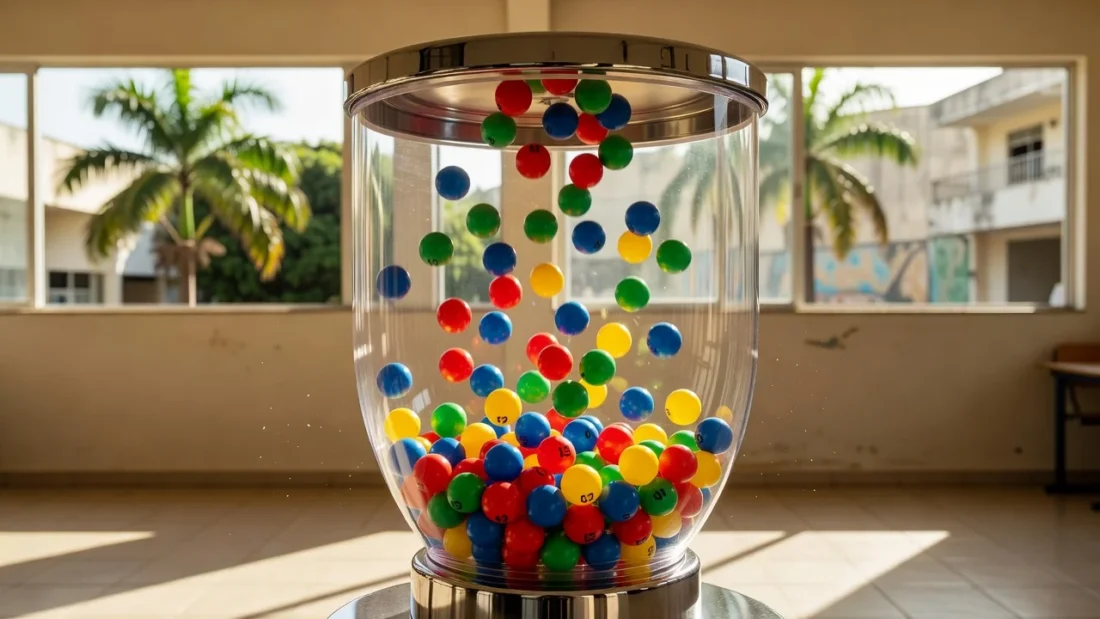 Bolas numeradas da Timemania em urna de sorteio