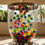 Bolas numeradas da Timemania em urna de sorteio