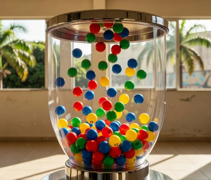 Bolas numeradas da Timemania em urna de sorteio
