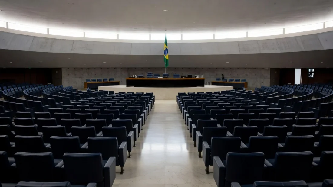 Fachada da Câmara Legislativa do DF em Brasília sob céu nublado, simbolizando crise na Justiça