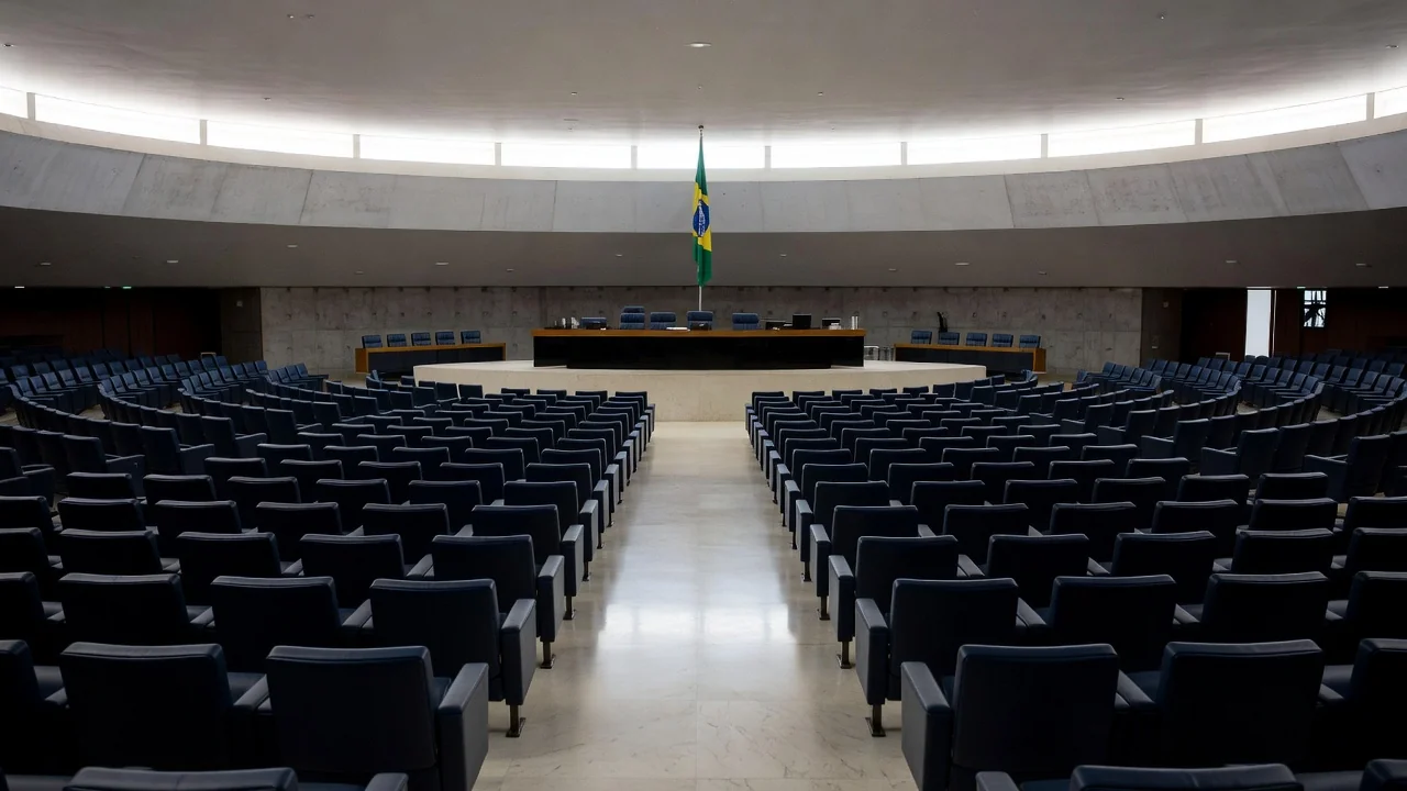 Fachada da Câmara Legislativa do DF em Brasília sob céu nublado, simbolizando crise na Justiça
