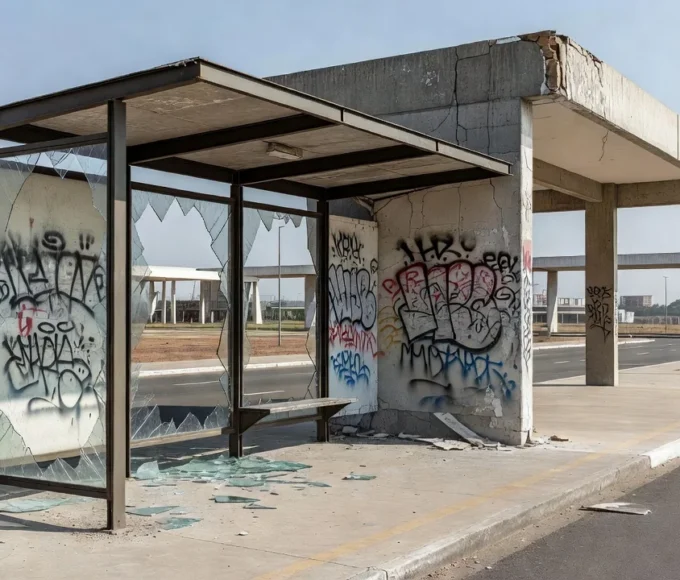 Monumento público vandalizado em Brasília com pichações e danos