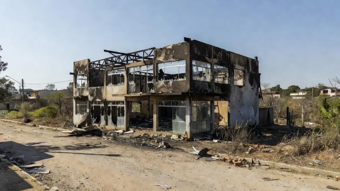 Comércio incendiado em Planaltina com fachada danificada pelo fogo