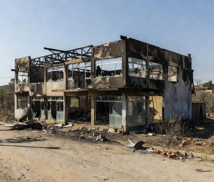 Comércio incendiado em Planaltina com fachada danificada pelo fogo