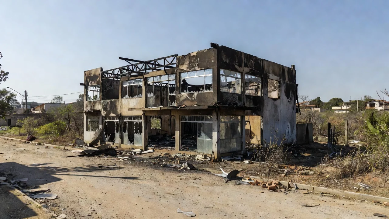 Comércio incendiado em Planaltina com fachada danificada pelo fogo