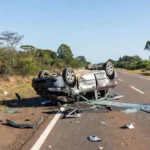 Carro capotado na BR-040 com ferragens expostas
