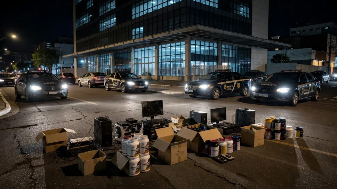 Viaturas da Polícia Civil com suplementos ilegais apreendidos em operação contra deepfakes