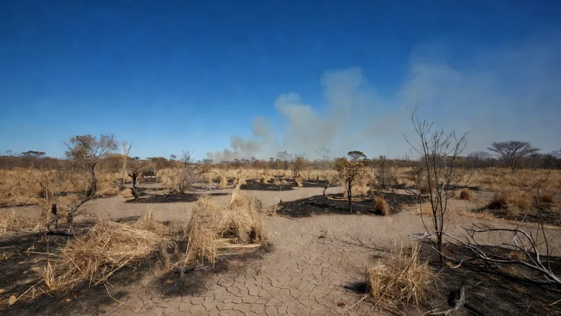 Paisagem do cerrado no DF com vegetação seca e fumaça de incêndios devido à falta de chuva