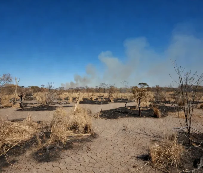 Paisagem do cerrado no DF com vegetação seca e fumaça de incêndios devido à falta de chuva