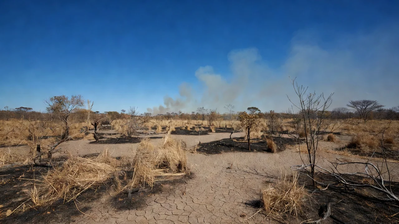 Paisagem do cerrado no DF com vegetação seca e fumaça de incêndios devido à falta de chuva