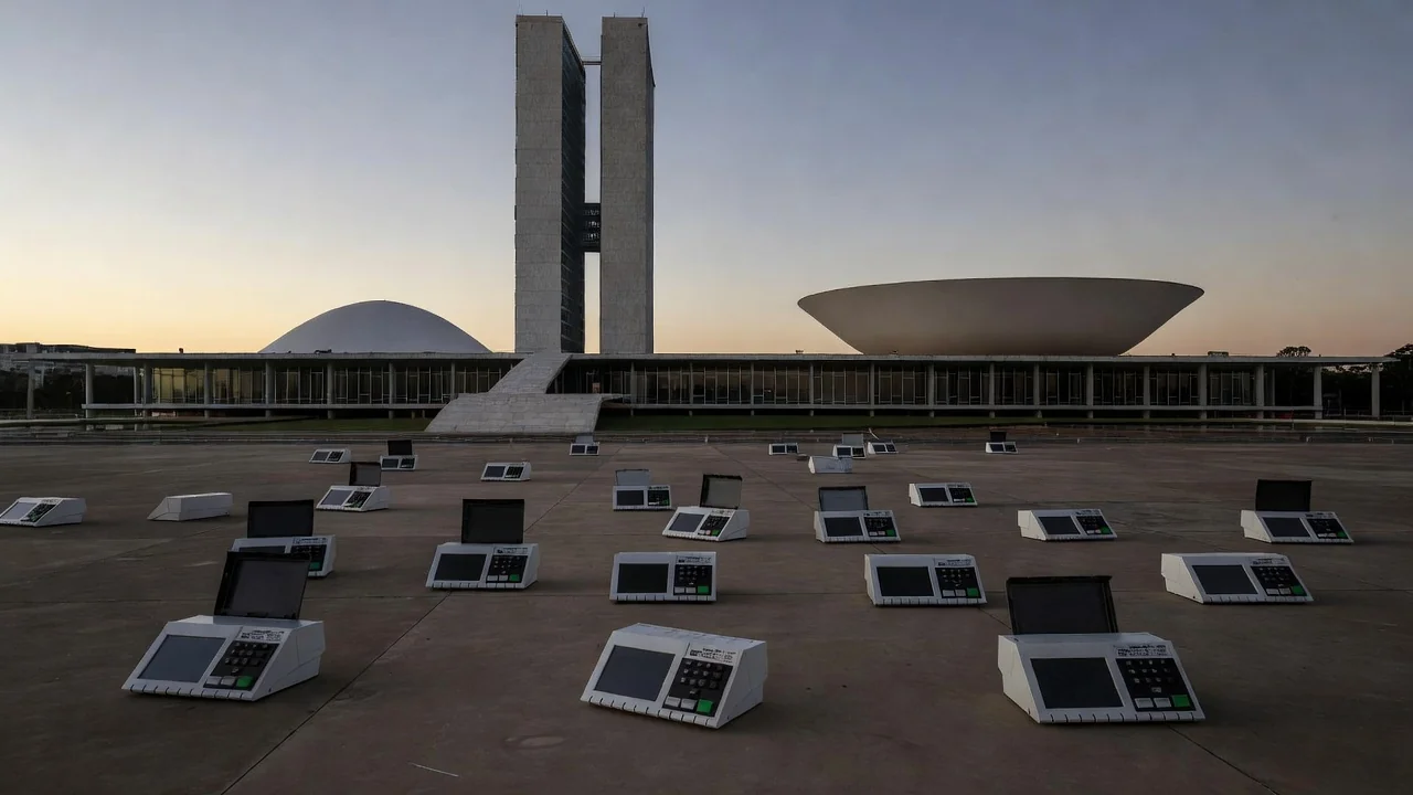 Seção eleitoral no Distrito Federal com urna eletrônica e arquitetura de Brasília