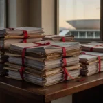 Documentos orçamentários em mesa de escritório no DF sobre falhas em emendas parlamentares