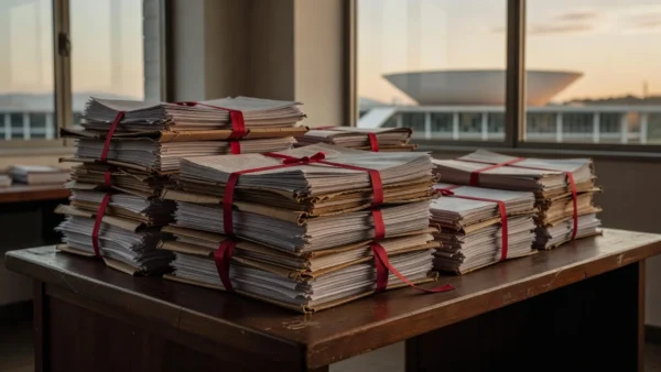 Documentos orçamentários em mesa de escritório no DF sobre falhas em emendas parlamentares