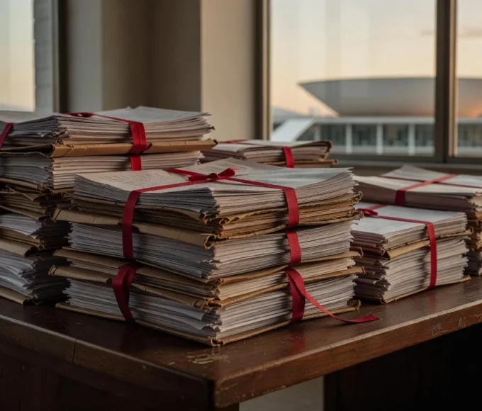 Documentos orçamentários em mesa de escritório no DF sobre falhas em emendas parlamentares