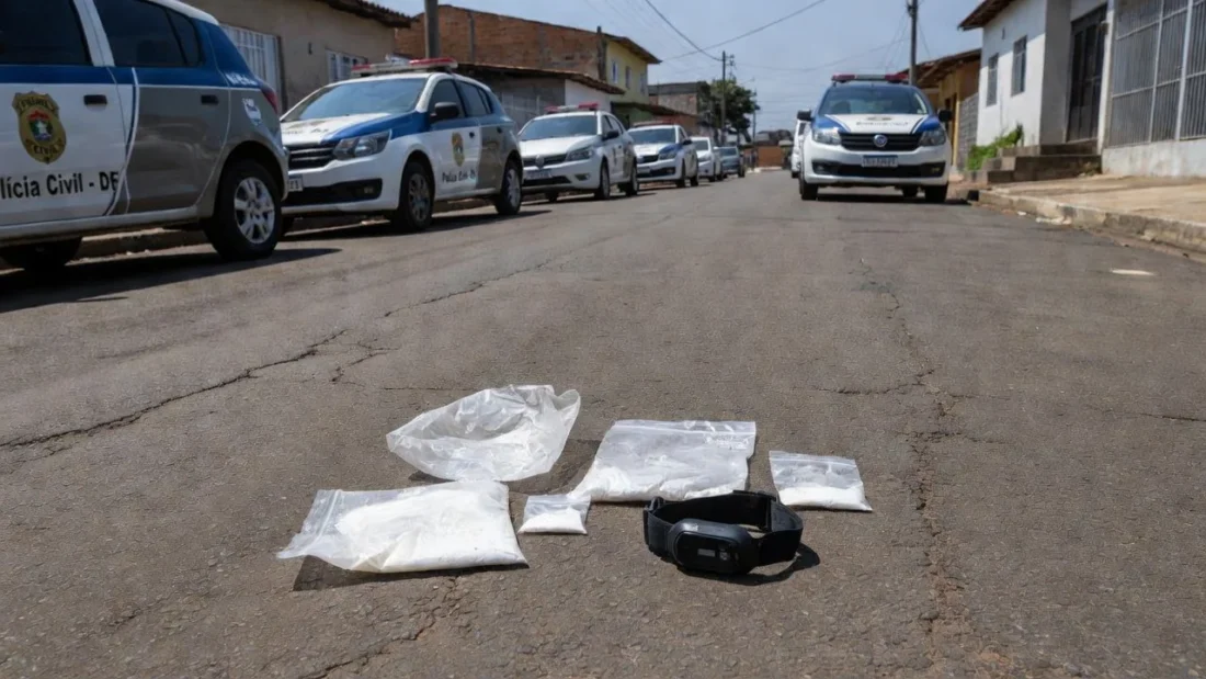 Rua em Ceilândia com viatura policial e pacote de cocaína descartado